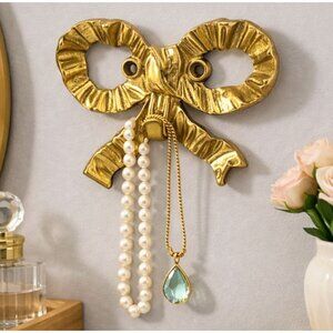 Vintage Brass Bow Wall Hook Jewelry Holder Decorative Accent
